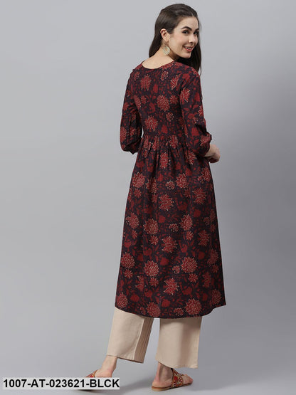 Women's Floral Printed Cotton Flared Kurta