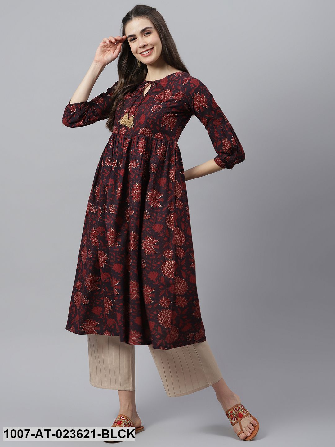 Women's Floral Printed Cotton Flared Kurta