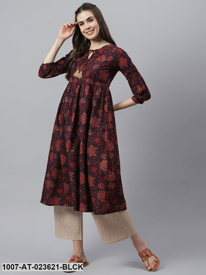 Women's Floral Printed Cotton Flared Kurta