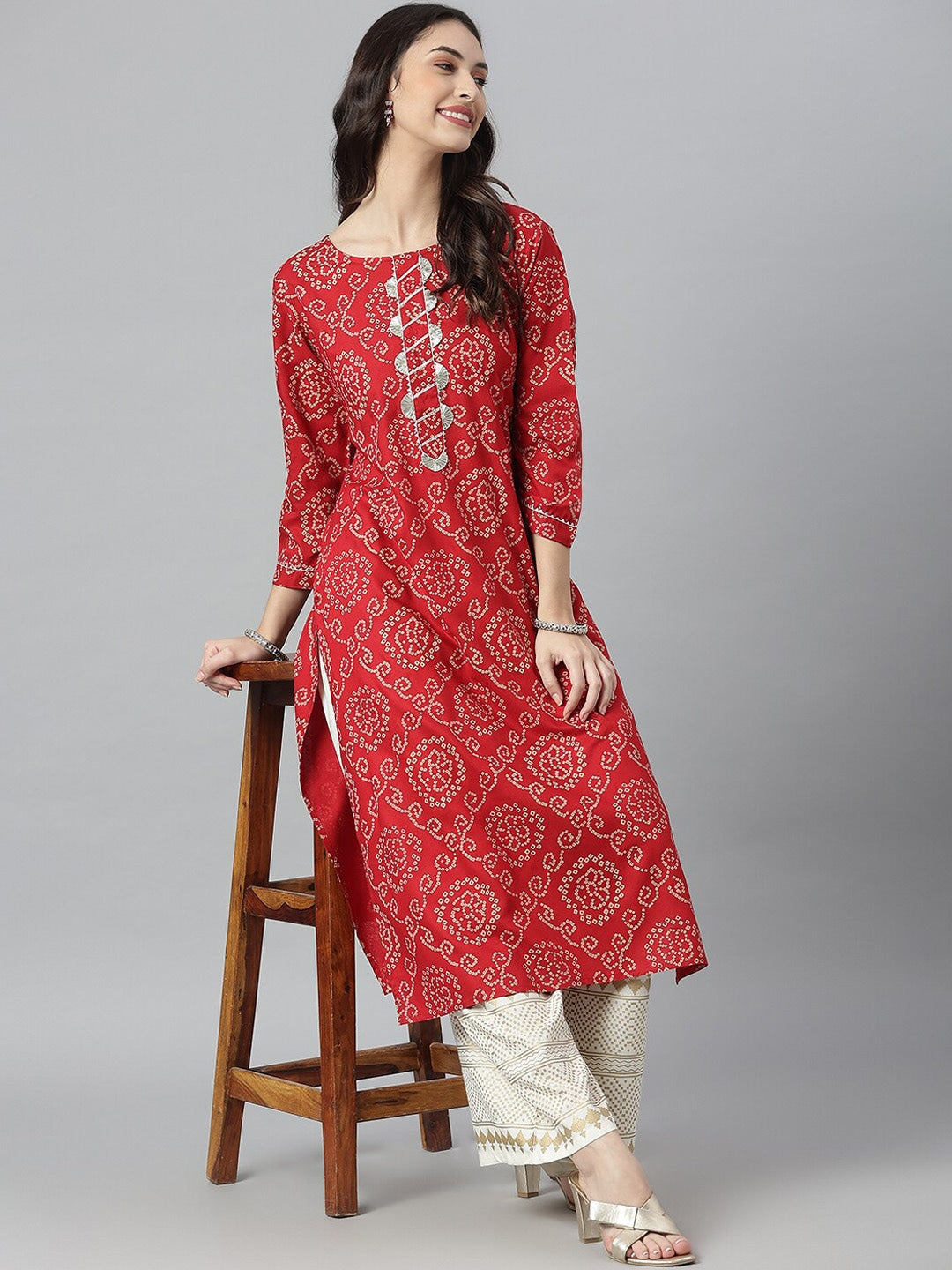 Bandhej Printed Rayon Straight Kurta