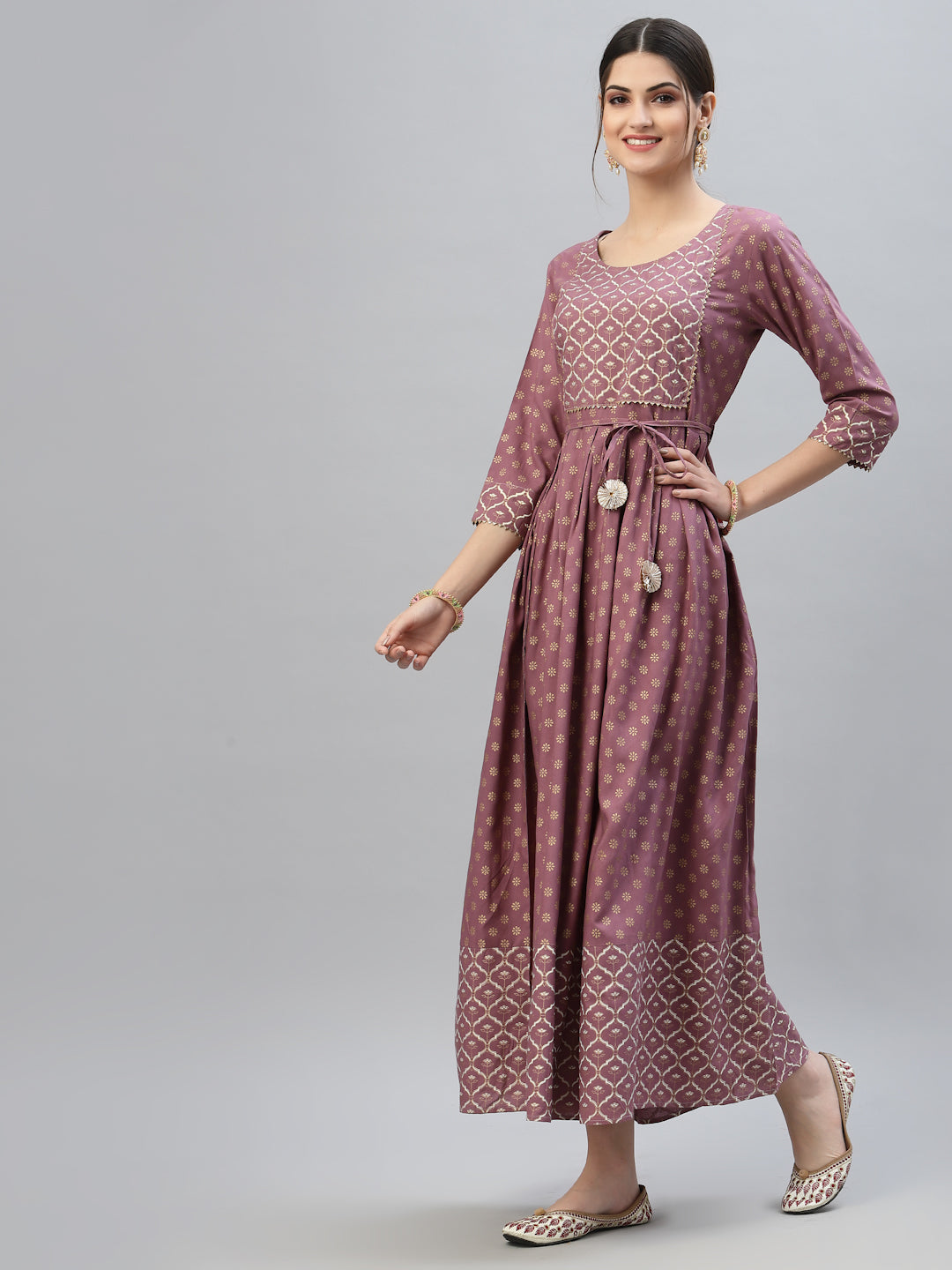 Gold & Khari Printed Rayon Flared Long Ethnic Dress