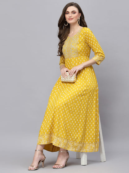 Printed & Embroidered Rayon Flared Kurta