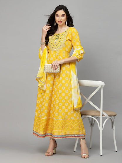 Printed & Embroidered Rayon Anarkali Kurta With Dupatta