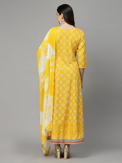 Printed & Embroidered Rayon Anarkali Kurta With Dupatta