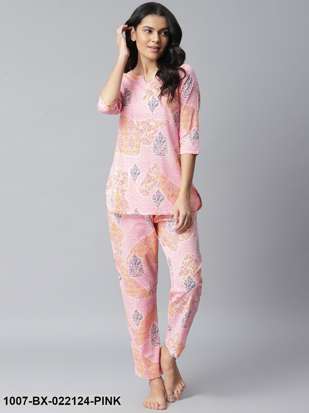 Women's Printed Cotton Slub Night Suit Set (Light Pink)