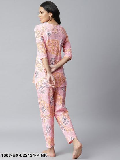 Women's Printed Cotton Slub Night Suit Set (Light Pink)