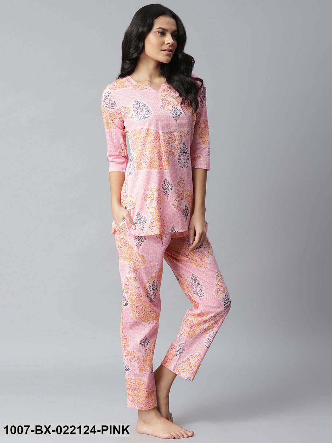 Women's Printed Cotton Slub Night Suit Set (Light Pink)