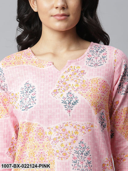 Women's Printed Cotton Slub Night Suit Set (Light Pink)