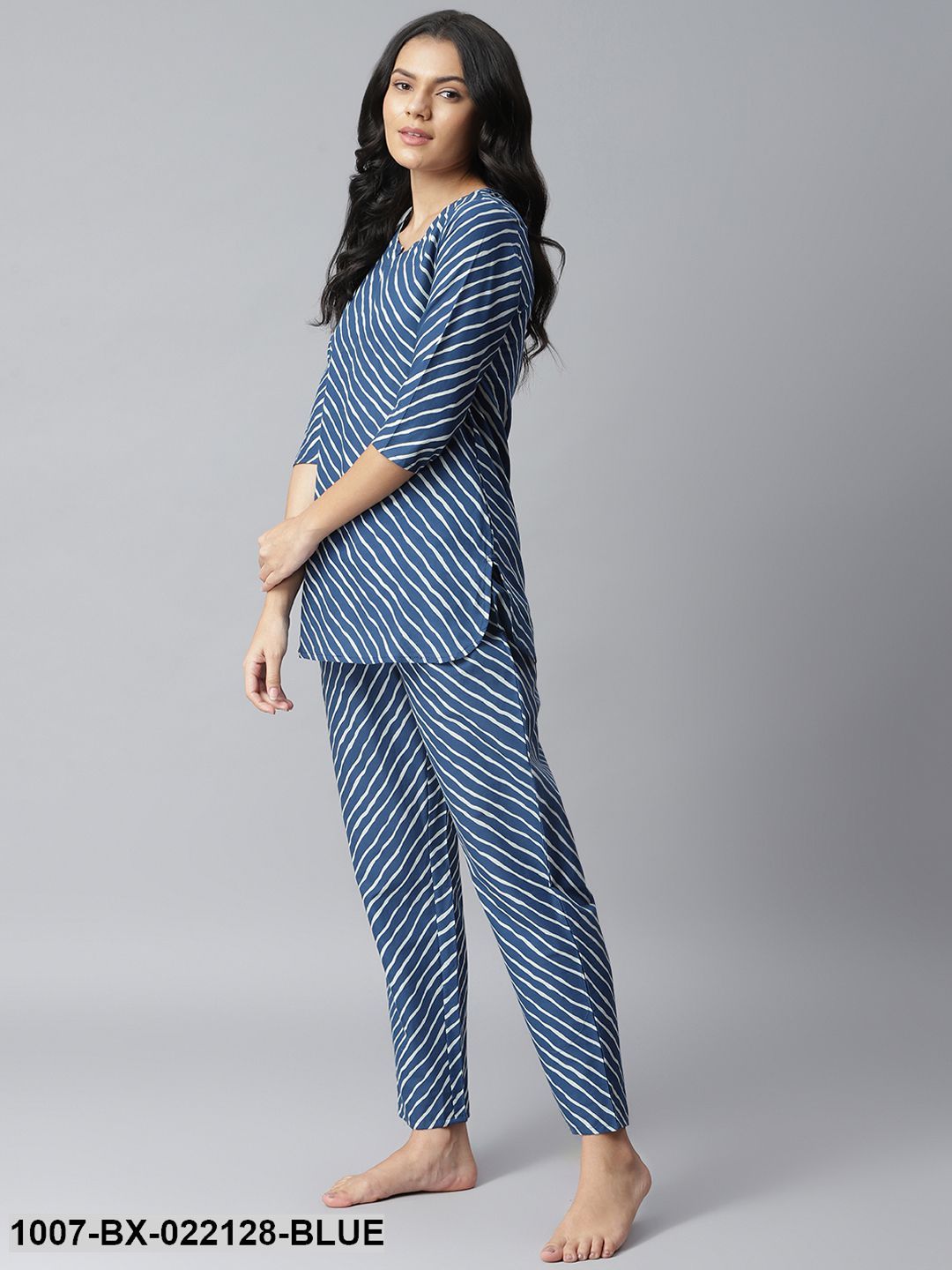 Women's Leheriya Cotton Night Suit Set (Blue)