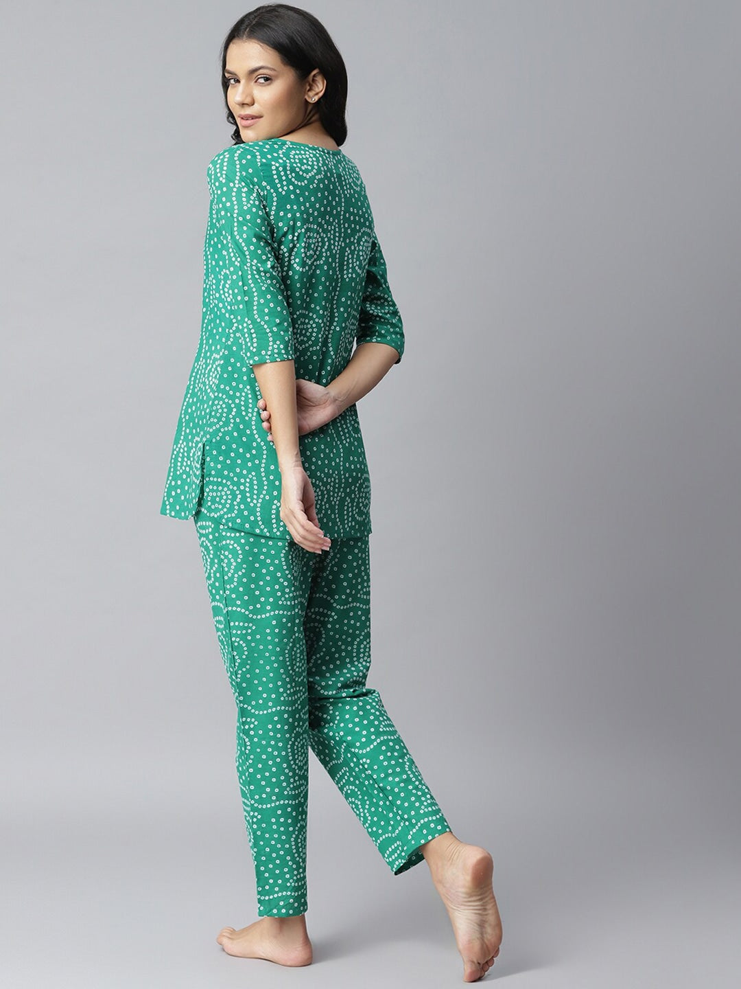 Women's Bandhani Print Cotton Night Suit Set (Green)