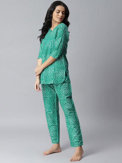 Women's Bandhani Print Cotton Night Suit Set (Green)