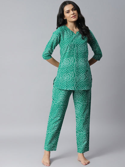 Women's Bandhani Print Cotton Night Suit Set (Green)