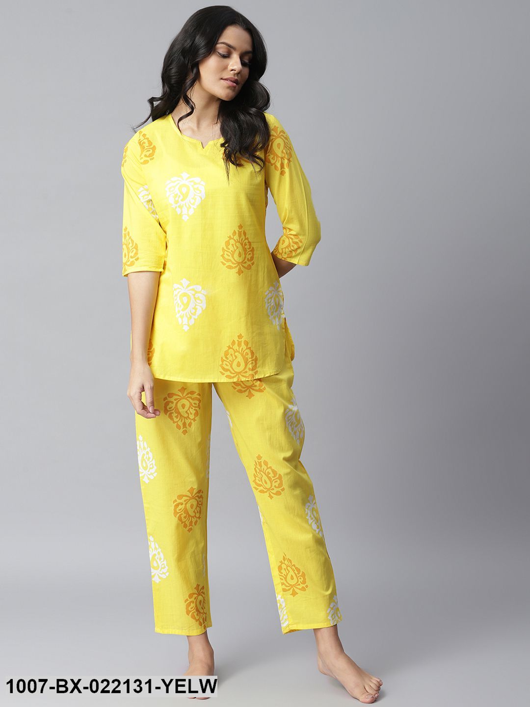 Women's Printed Cotton Night Suit Set (Yellow)