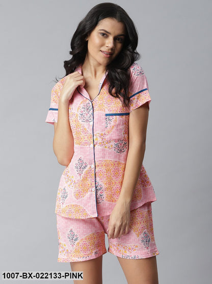 Women's Printed Cotton Slub Night Suit Set (Light Pink)