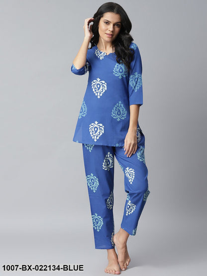 Women's Printed Cotton Night Suit Set (Blue)