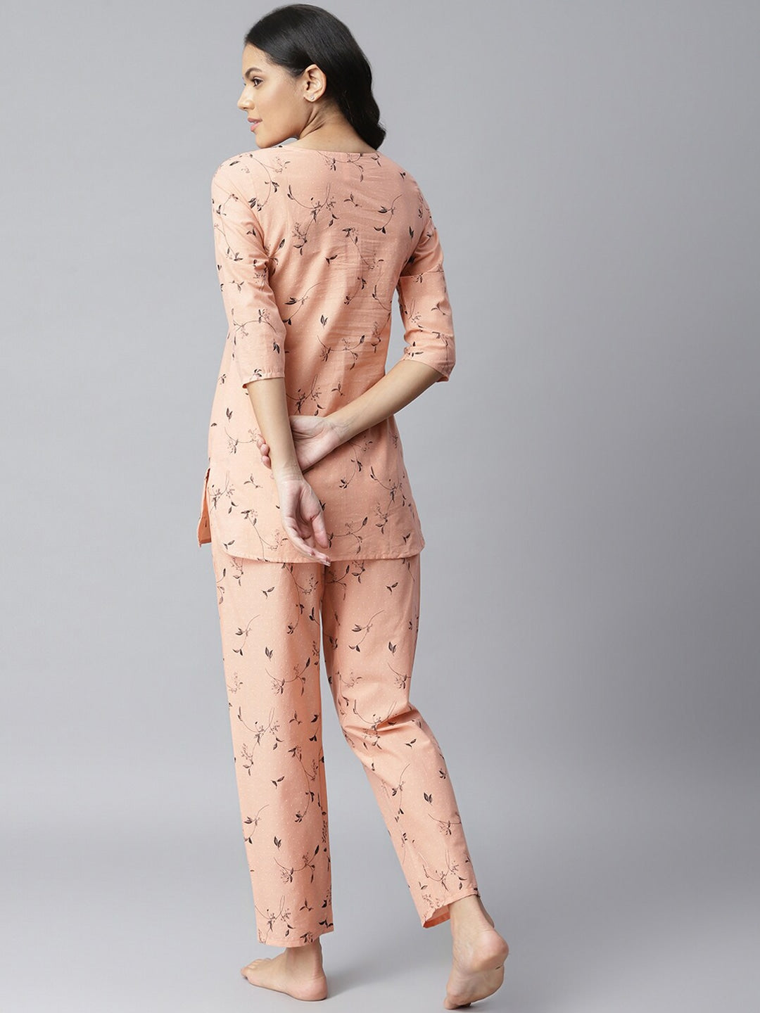 Women's Printed Cotton Night Suit Set (Peach)