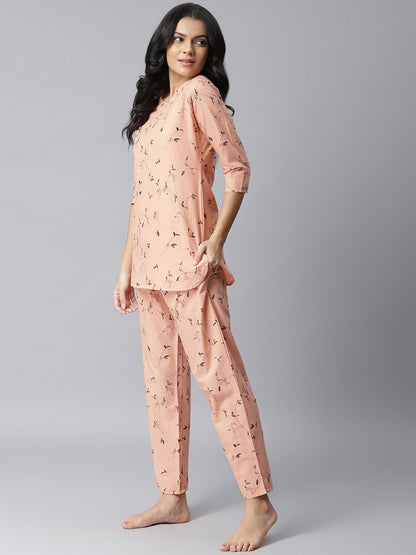 Women's Printed Cotton Night Suit Set (Peach)