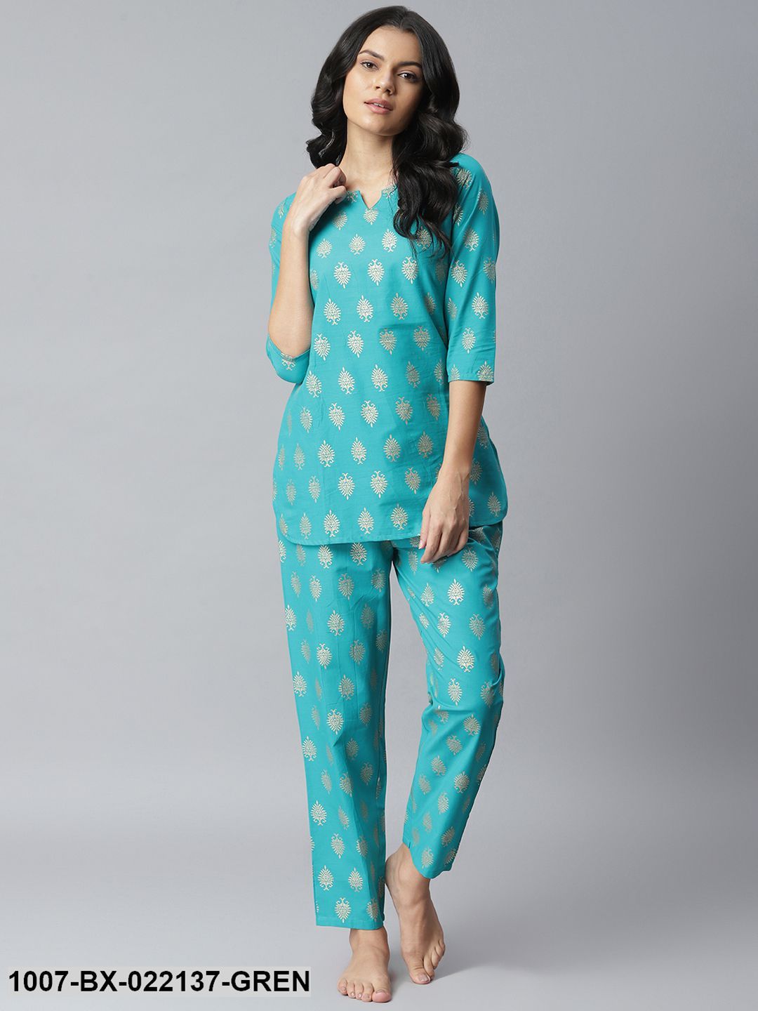 Women's Gold Print Cotton Night Suit Set