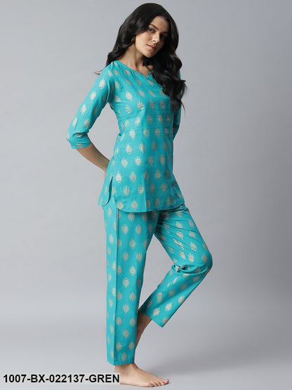 Women's Gold Print Cotton Night Suit Set