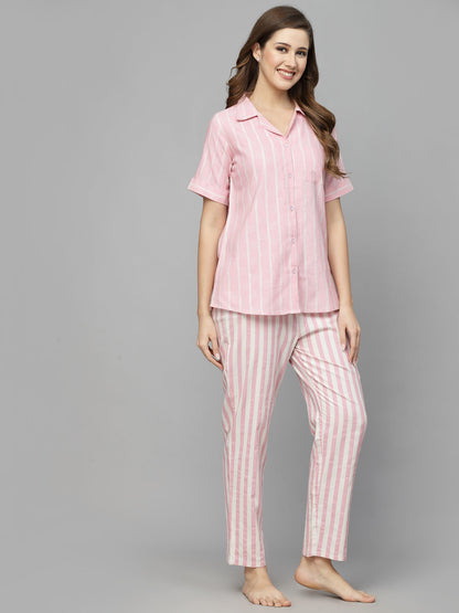 Striped Cotton Blend Night Suit