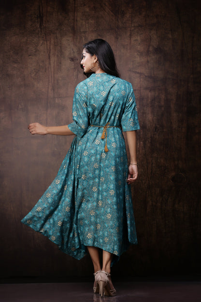 Teal Rayon Printed Asymmetric Dress