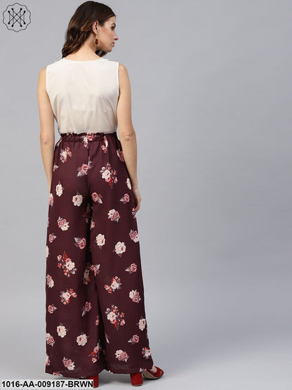 Solid V-Neck Sleevles Top With Floral Printed High -Waisted Ruffled Waistband Attached With A Belt Palazzo Pants