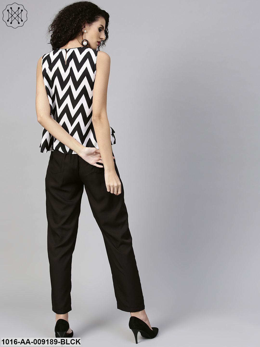 Black & White Zig Zag Print Sleeveless Crop Top With Black Pallazo