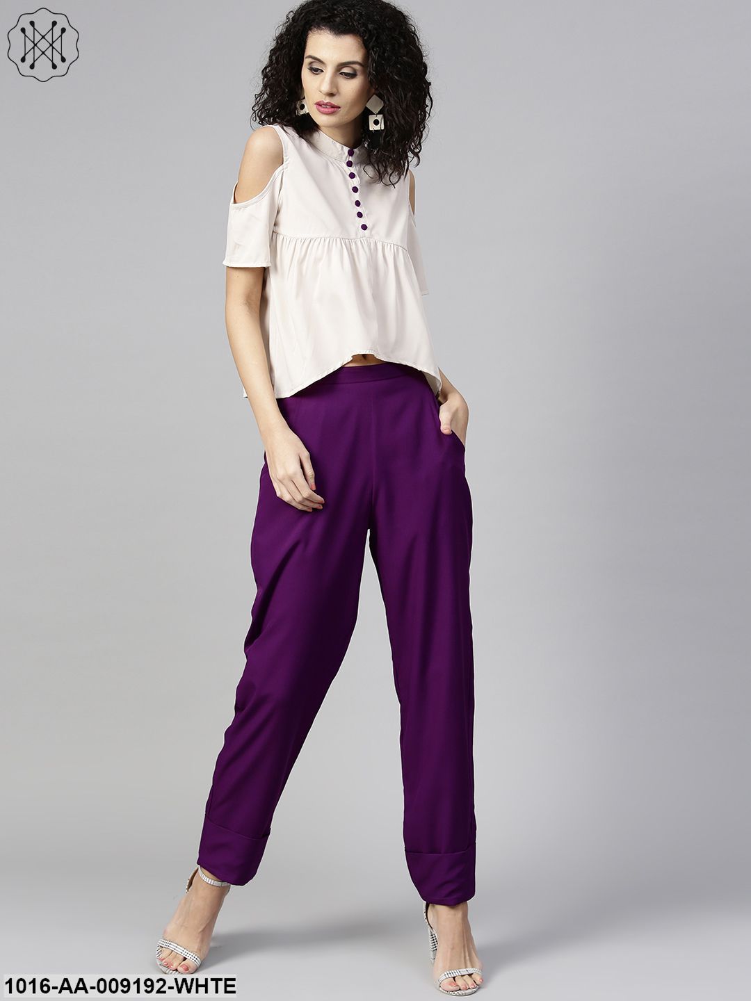 White Short Cold Shoulder Sleeve Tops With Purple Pallazo