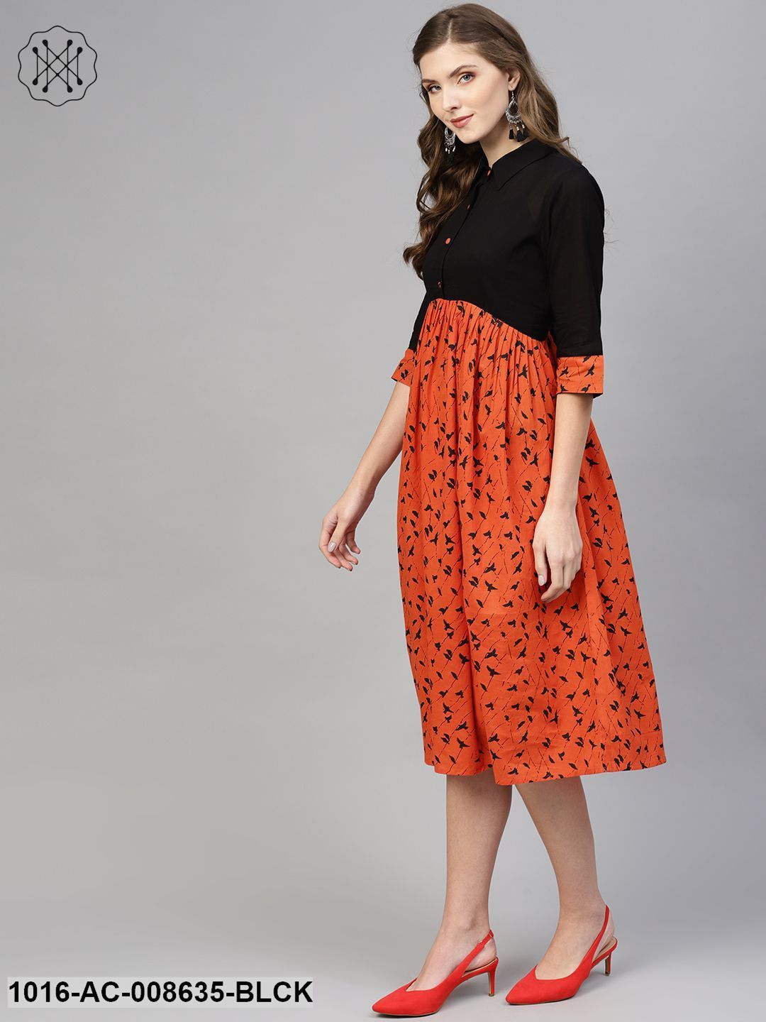 Orange & Black Gathered Dress With Shirt Collar & 3/4 Sleeves