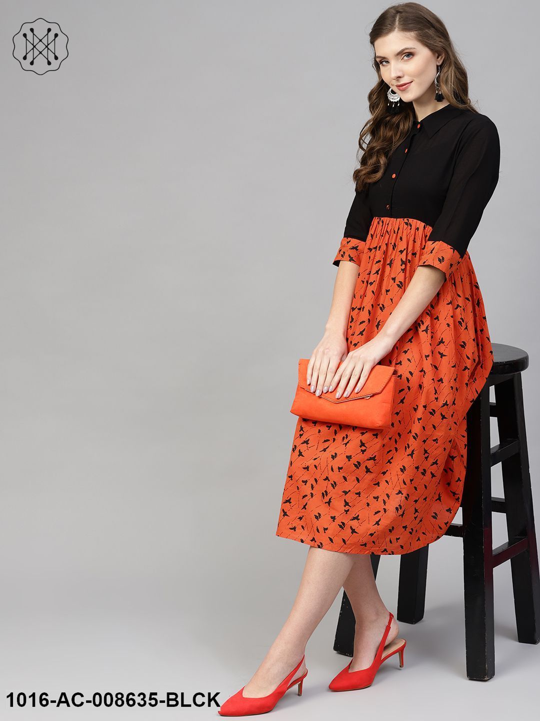 Orange & Black Gathered Dress With Shirt Collar & 3/4 Sleeves