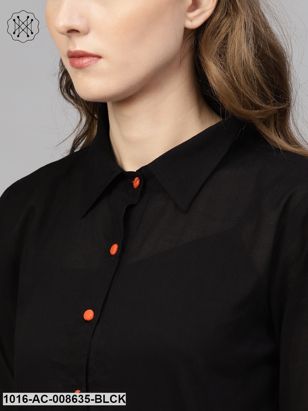 Orange & Black Gathered Dress With Shirt Collar & 3/4 Sleeves