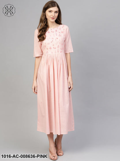 Light Pink Round Neck Dress With Printed Yoke & Half Sleeves