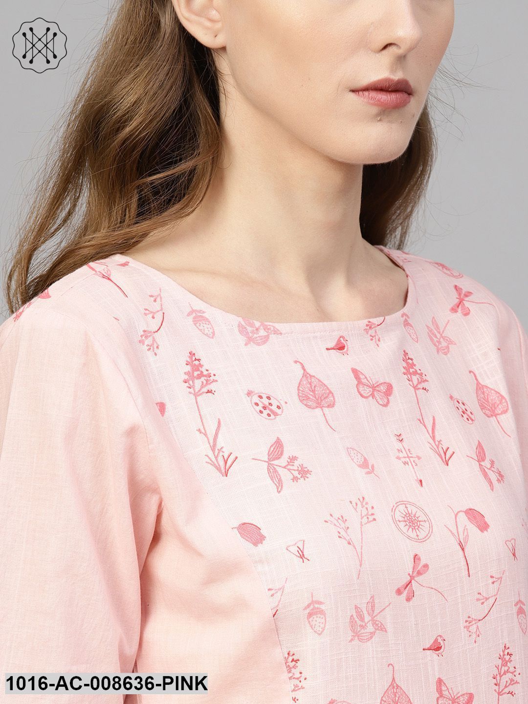 Light Pink Round Neck Dress With Printed Yoke & Half Sleeves