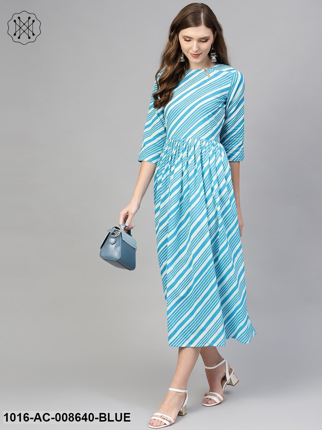 Blue & With Diagonal Striped Dress With Side Keyhole & 3/4 Sleeves