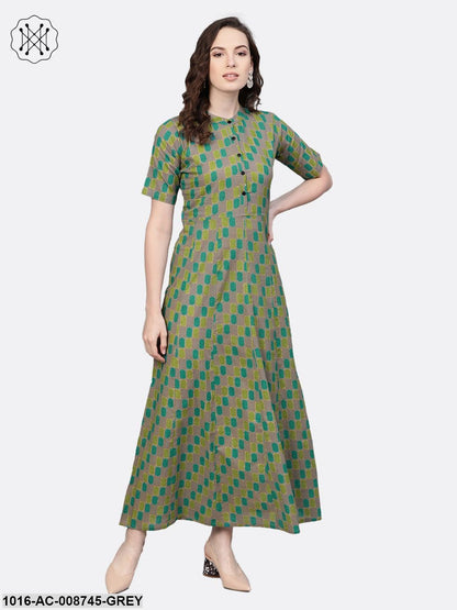 Sage green Multi coloured Geometric printed Maxi dress with Mandarin Collar & half sleeves