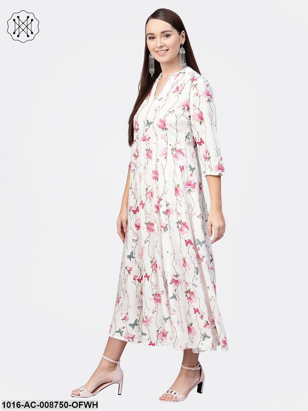 Off-White Multi coloured Floral printed Maxi dress with Mandarin collar & 3/4 sleeves