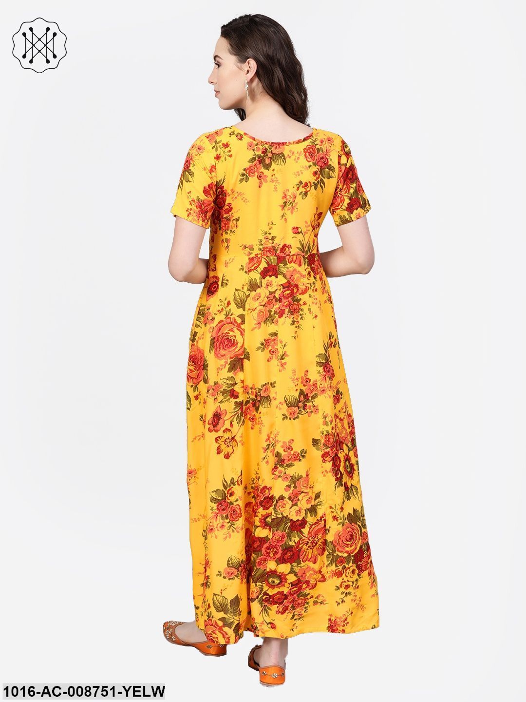 Yellow Multi coloured floral printed Maxi dress with Round neck & 3/4 sleeves