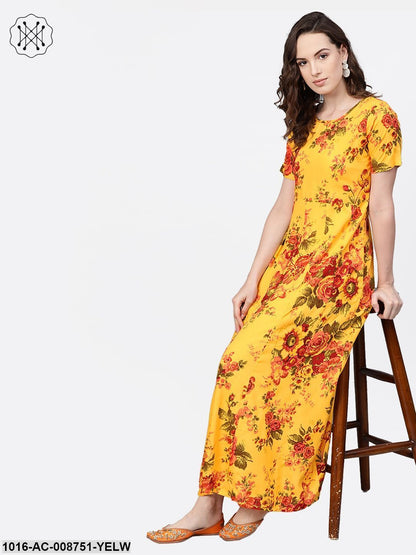Yellow Multi coloured floral printed Maxi dress with Round neck & 3/4 sleeves