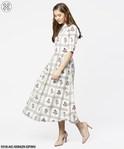 Off White Printed Half Sleeve Cotton Maxi Dress With Belt