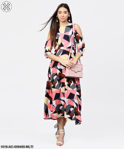 Multi Printed 3/4Th Cold Shoulder Sleeve A-Line Maxi Dress