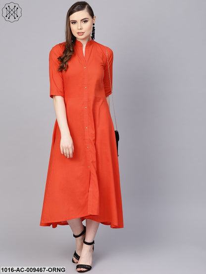 Solid Orange Maxi Dress With Madarin Collar & 3/4 Sleeves