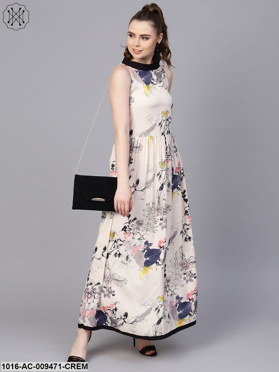 Cream Floral Sleeveless Printed Maxi Dress