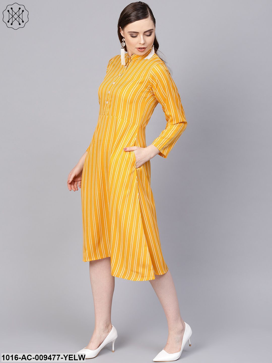 Yellow & White Striped Dress With Madarin Collar & Full Sleeves