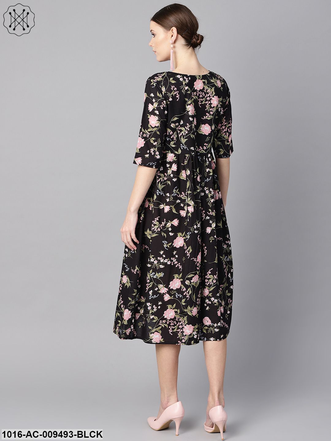 Black Floral Dress With Round Neck & Half Sleeves