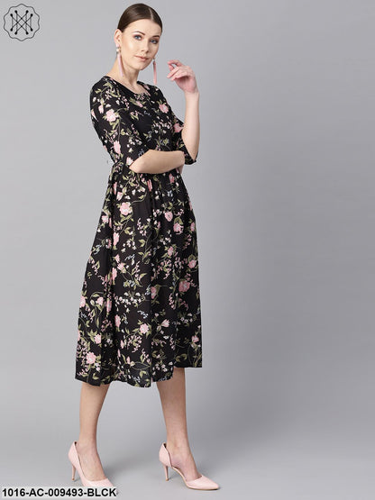 Black Floral Dress With Round Neck & Half Sleeves