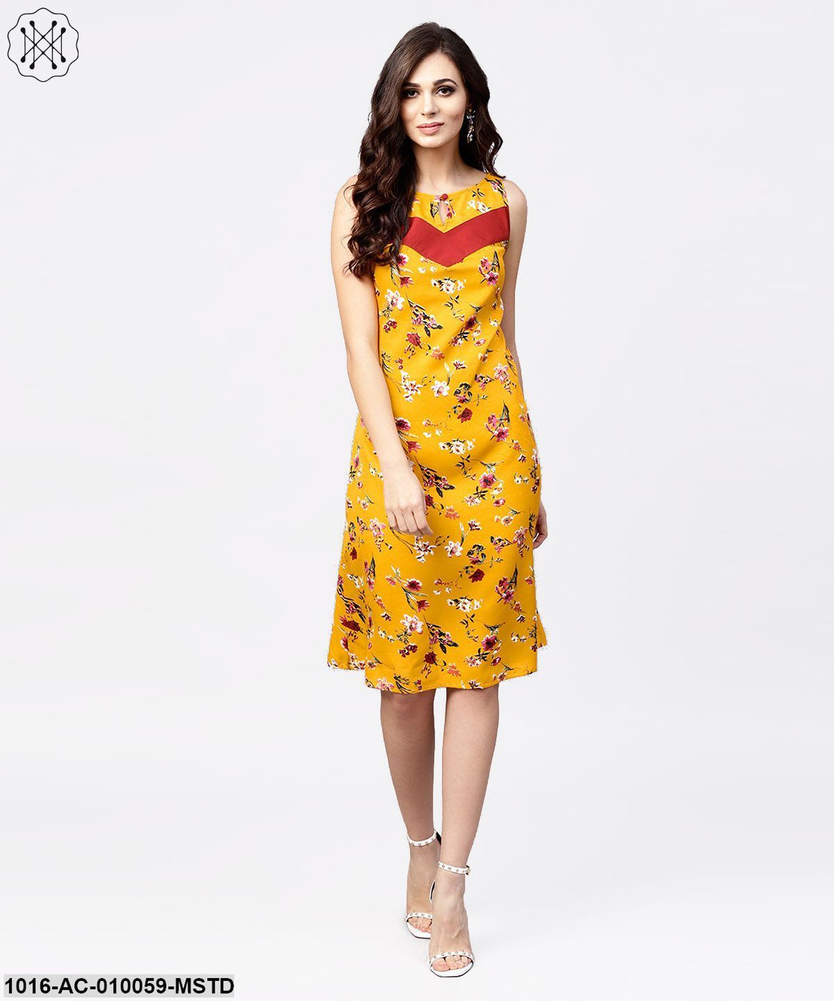 Mustard Floral Printed Sleeveless Dress With Key Hole Neck