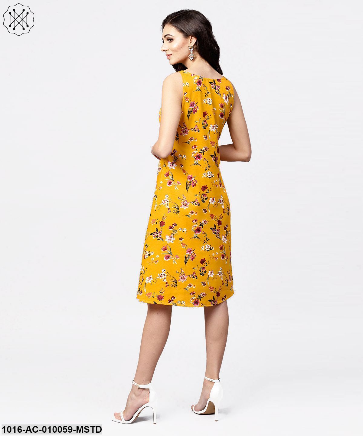 Mustard Floral Printed Sleeveless Dress With Key Hole Neck