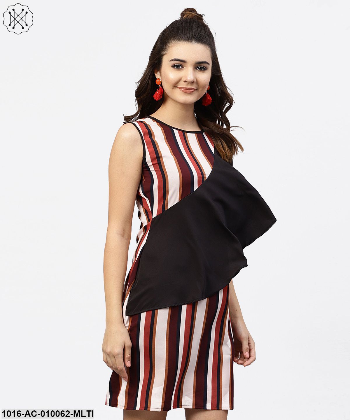 Multi Striped Sleeveless Dress With Round Neck