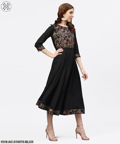 Black Printed Maxi Dress With Round Neck And Full Sleeves