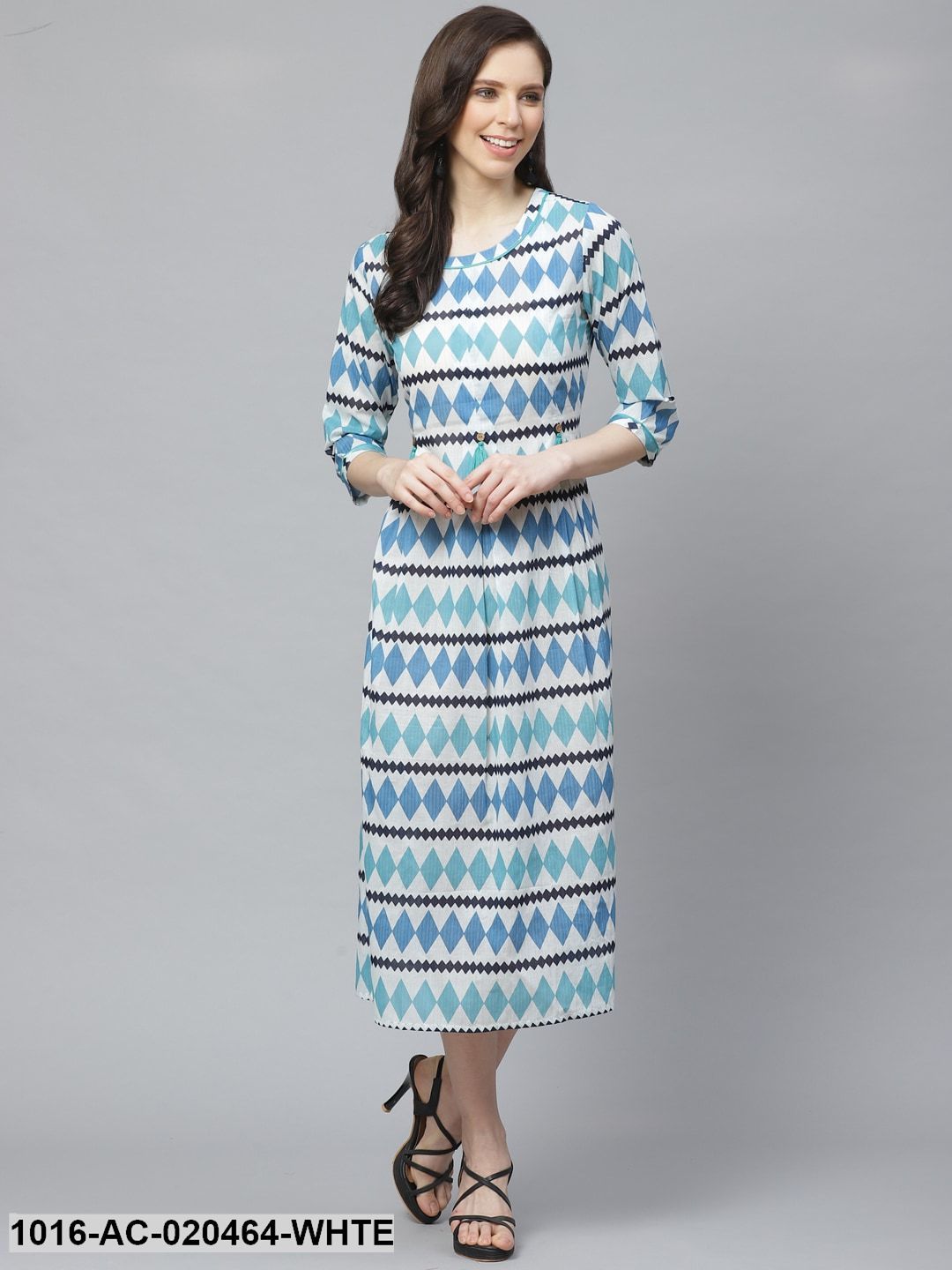 White & Blue Geometric Printed A-Line Dress